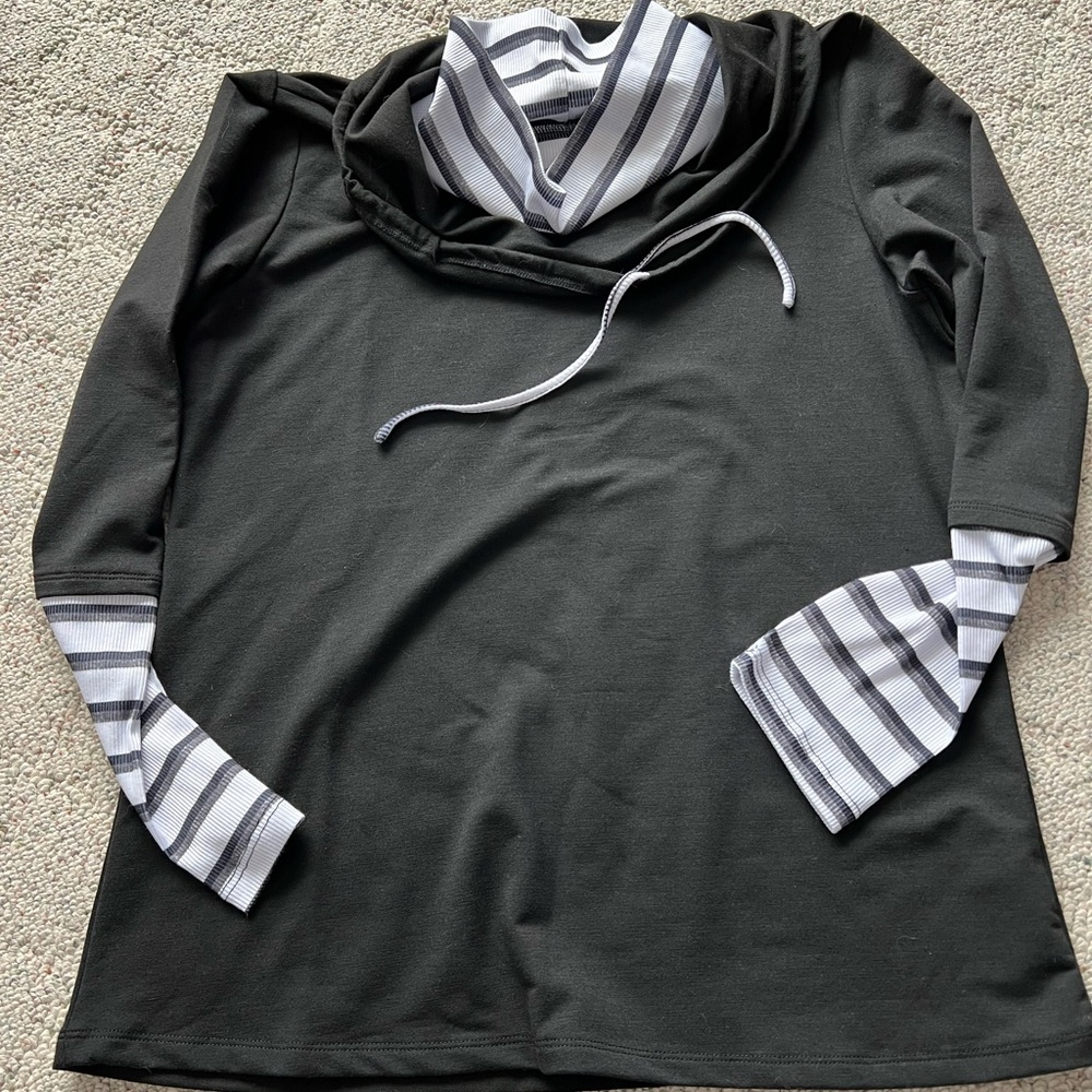 Cowl Neck Charcoal Sweatshirt with Striped Accents